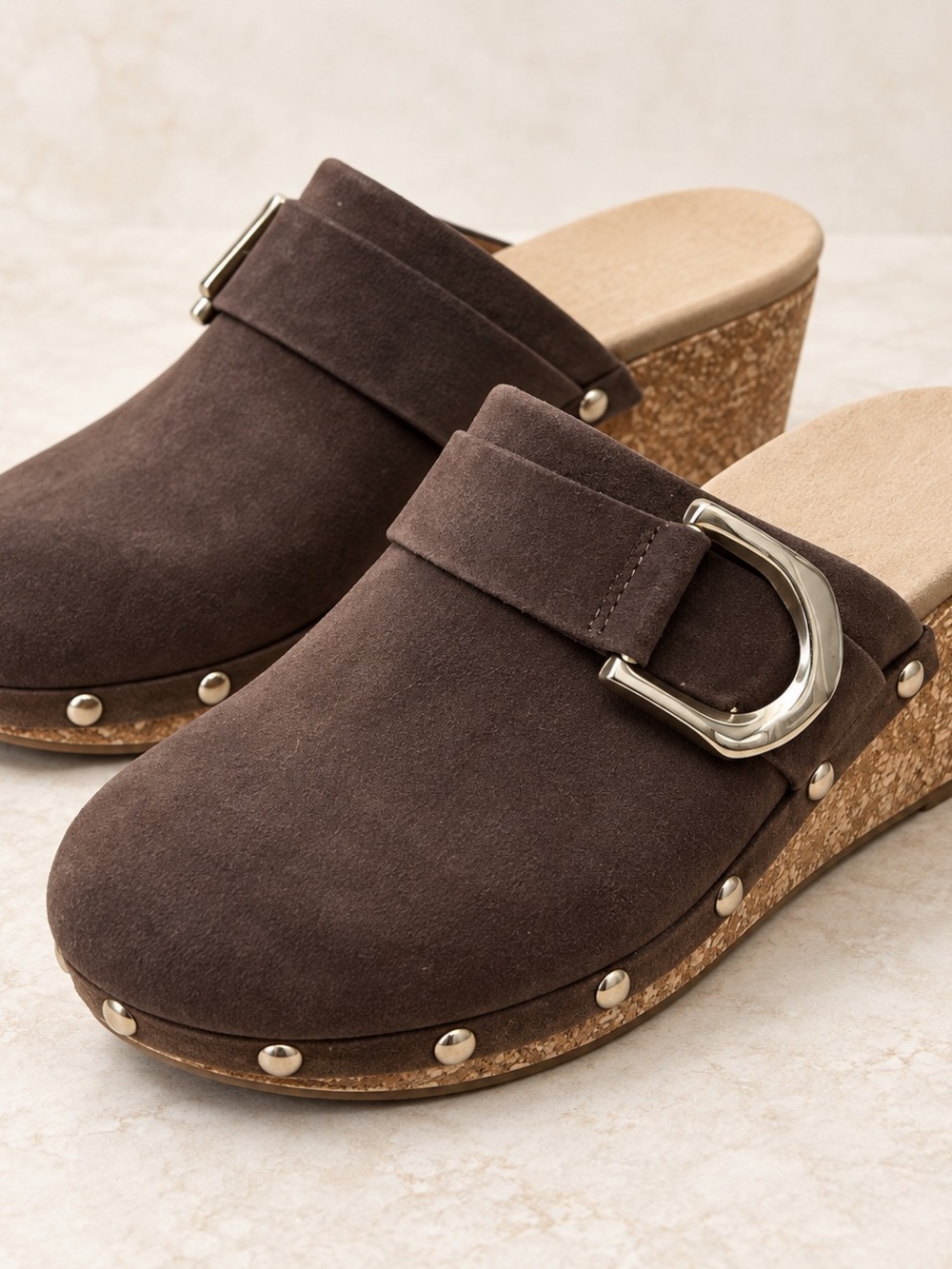 Women’s Brown Suede Cork Wedge Clogs with Buckle